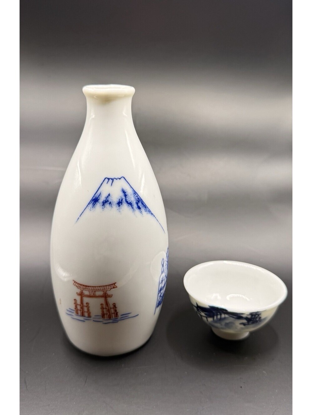 Made in Japan Japanese Porcelain Sake Bottle & Cup Set, Blue White Mt Fuji